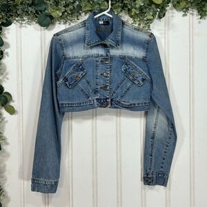 Vintage y2k‎ Cropped Denim Jacket Button Front Long Sleeve Blue Junior's LARGE